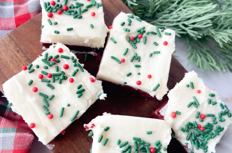 Christmas Red Velvet Cookie Bars with Cream Cheese Frosting