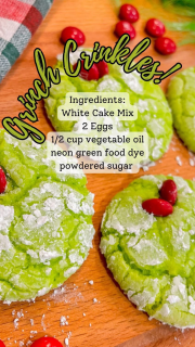 These Grinch crinkles are so fun, and simple!

Comment “grinch” to have this recipe sent straight to your DMs! 

https://maegankaybakes.com/grinch-crinkles-easy-cake-mix-cookies/

Grinch cookies
Easy Christmas cookie
Christmas cookie boxes 
Homemade Christmas cookies