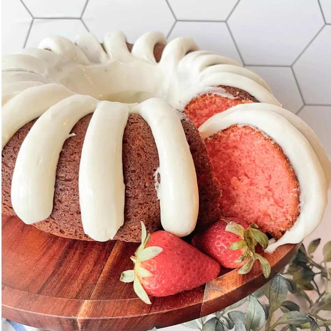 Our favorite strawberry bundt cake - made from a doctored cake mix!